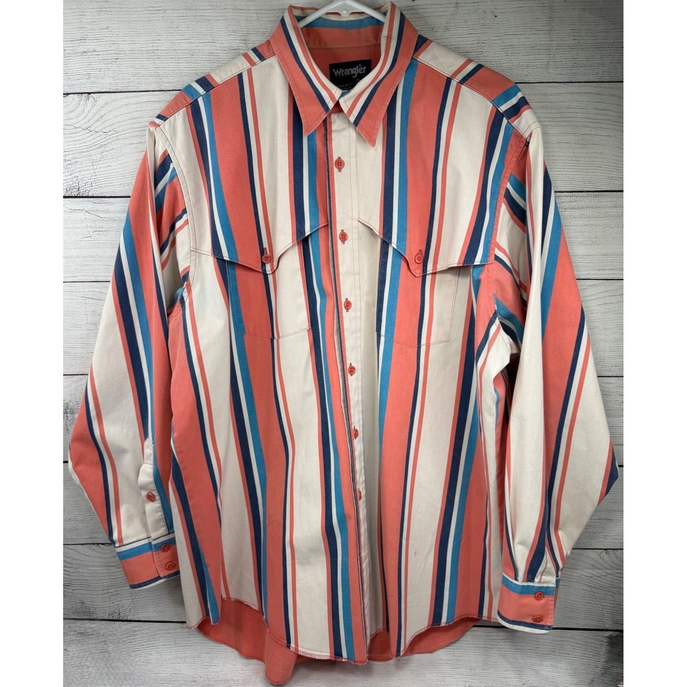 Wrangler Western Shirt Mens Long Sleeve Size 17 1/2-35 Striped Button Down Coral